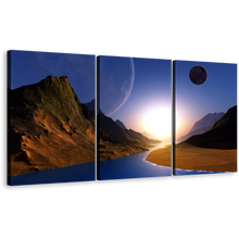 Load image into Gallery viewer, Ocean Sunrise Canvas Wall Art, Brown Ocean Mountains 3 Piece Split Canvas, Blue Moon Starry Sky Canvas Print
