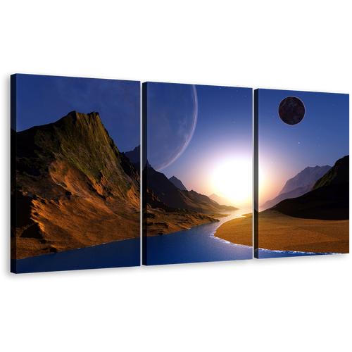 Ocean Sunrise Canvas Wall Art, Brown Ocean Mountains 3 Piece Split Canvas, Blue Moon Starry Sky Canvas Print