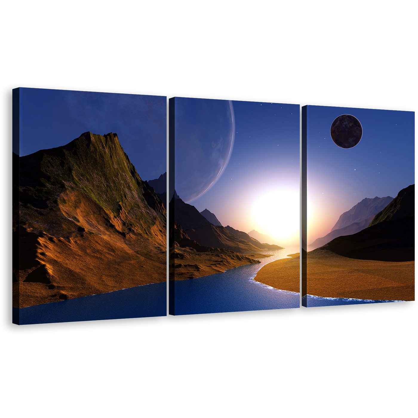 Ocean Sunrise Canvas Wall Art, Brown Ocean Mountains 3 Piece Split Canvas, Blue Moon Starry Sky Canvas Print