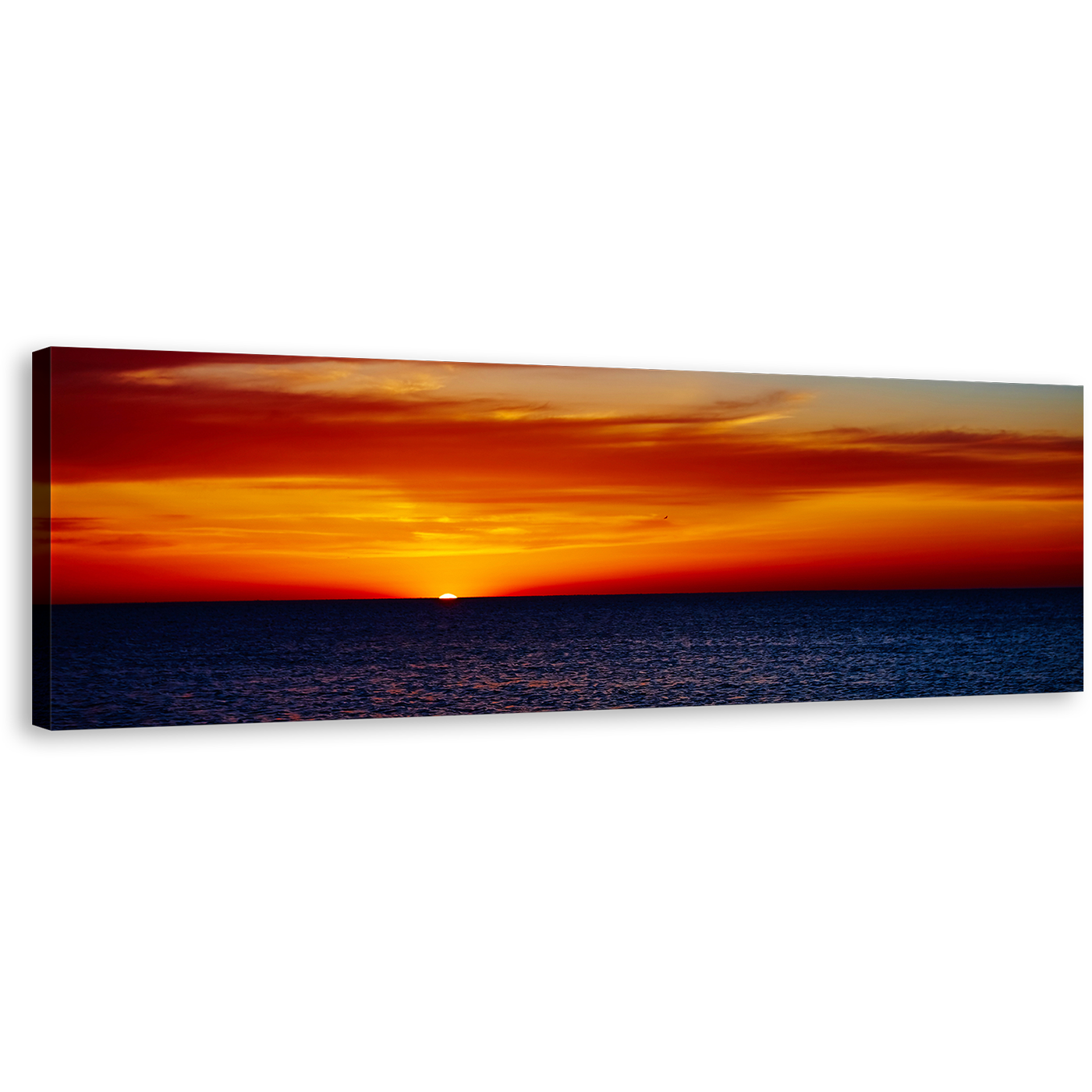 Ocean Sunset Canvas Print, Blue Coast Of The Sea Panoramic Wall Art, Red Orange Cloudy Sky 1 Piece Canvas Art