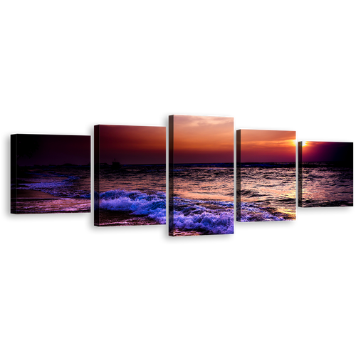 Ocean Sunset Canvas Print, Blue Purple Sea Waves Canvas Set, Orange Ocean Sky 5 Piece Canvas Wall Art