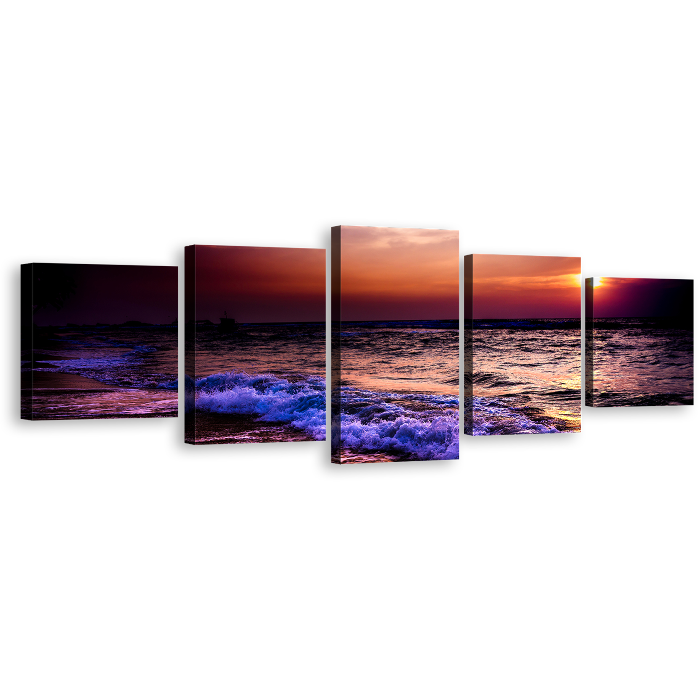 Ocean Sunset Canvas Print, Blue Purple Sea Waves Canvas Set, Orange Ocean Sky 5 Piece Canvas Wall Art