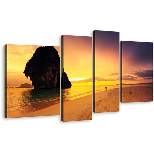 Ocean Sunset Canvas Print, Brown Sand Beach Sea 4 Piece Wall Art, Yellow Sky Ocean Rocks Multiple Canvas