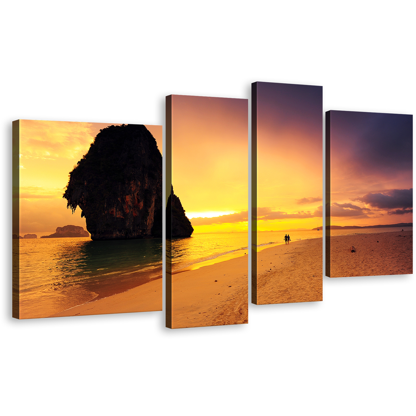 Ocean Sunset Canvas Print, Brown Sand Beach Sea 4 Piece Wall Art, Yellow Sky Ocean Rocks Multiple Canvas