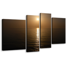 Load image into Gallery viewer, Ocean Sunset Canvas Print, Japan Ocean Yellow Sun Scenery 4 Piece Canvas Wall Art, Beautiful Brown Ocean Multiple Canvas
