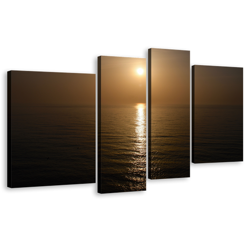 Ocean Sunset Canvas Print, Japan Ocean Yellow Sun Scenery 4 Piece Canvas Wall Art, Beautiful Brown Ocean Multiple Canvas