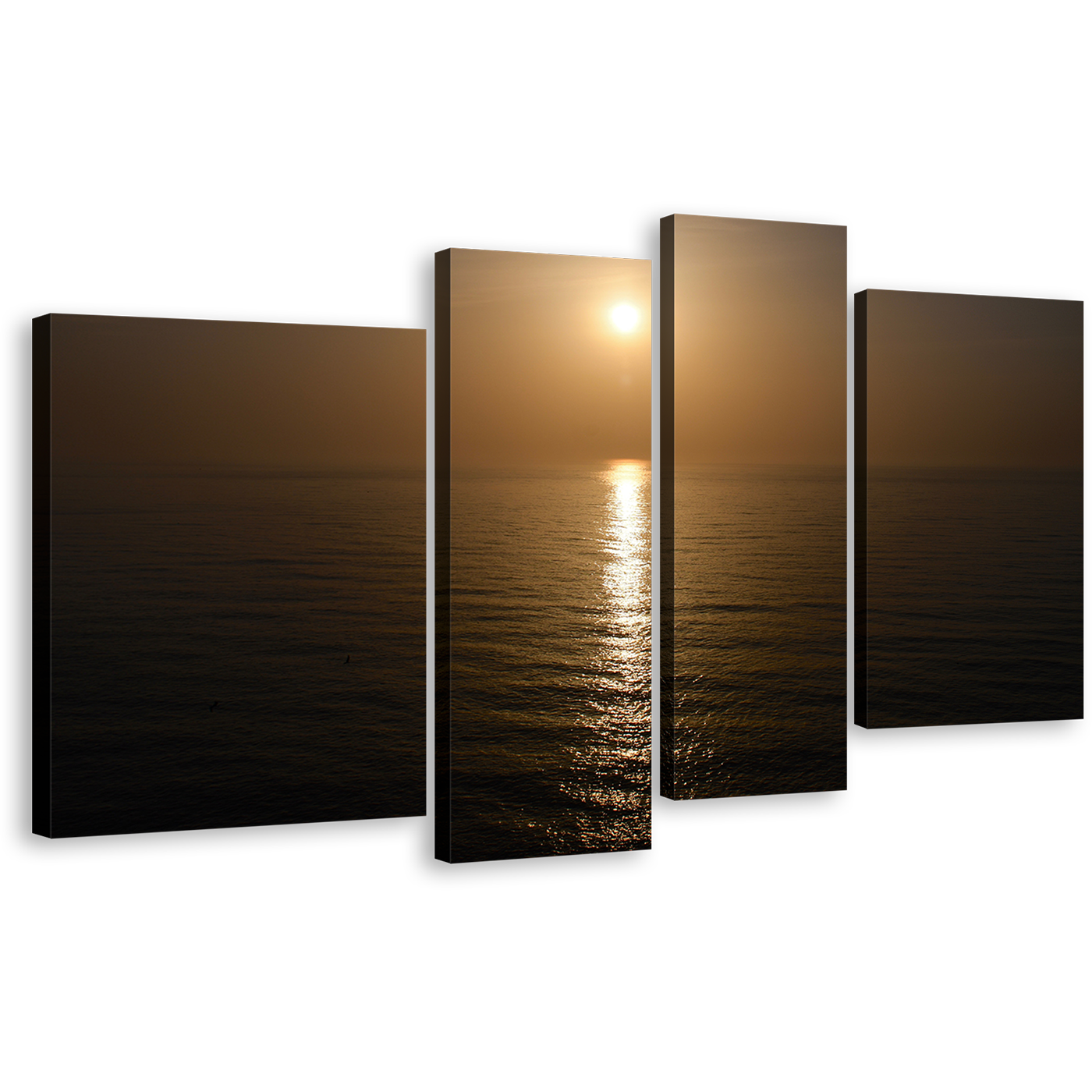 Ocean Sunset Canvas Print, Japan Ocean Yellow Sun Scenery 4 Piece Canvas Wall Art, Beautiful Brown Ocean Multiple Canvas