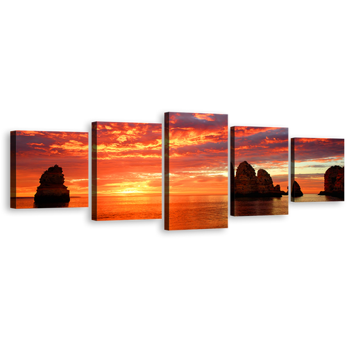 Ocean Sunset Canvas Print, Ocean Rocks Boulders 5 Piece Canvas Print, Dramatic Yellow Orange Cloudy Sky Multi Canvas