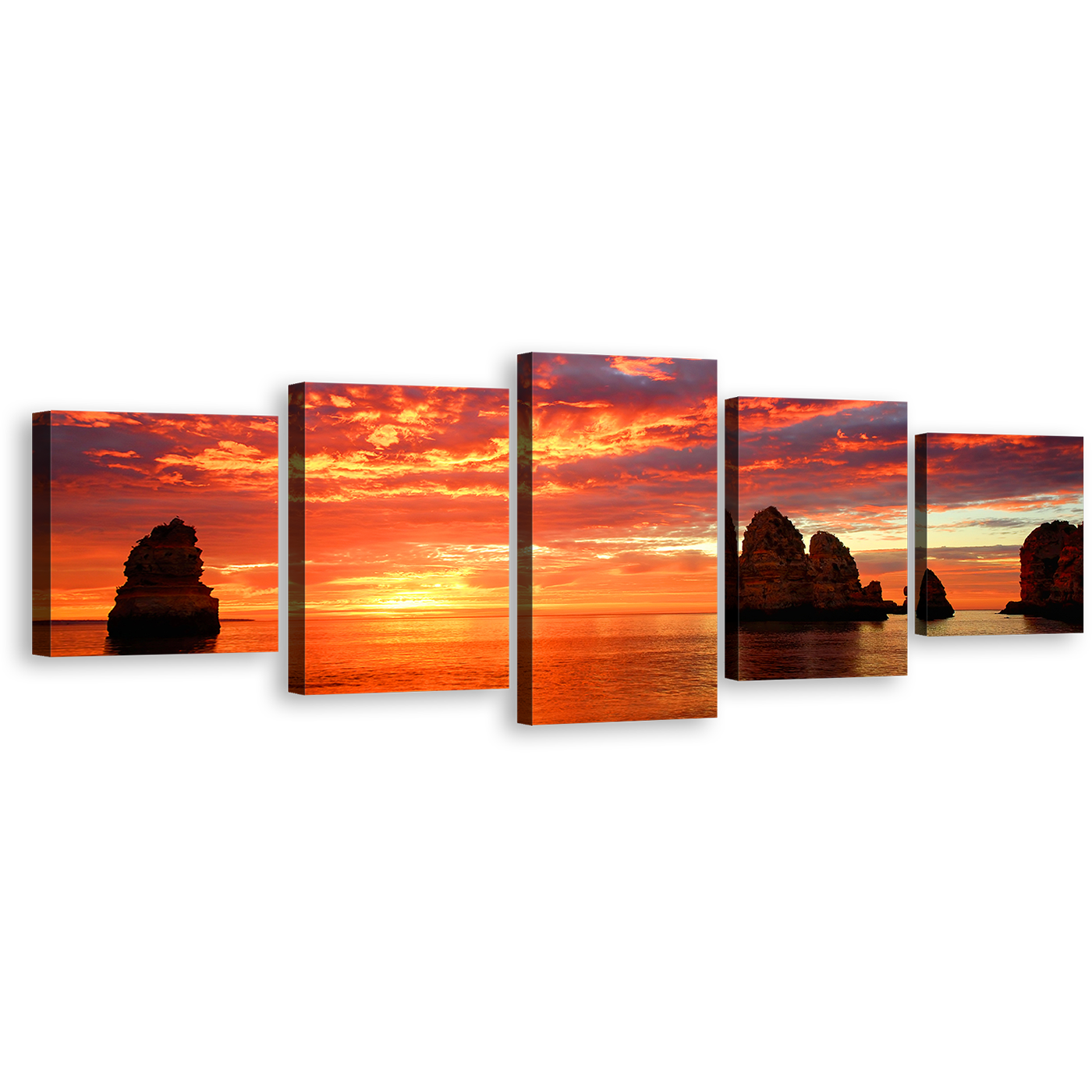 Ocean Sunset Canvas Print, Ocean Rocks Boulders 5 Piece Canvas Print, Dramatic Yellow Orange Cloudy Sky Multi Canvas