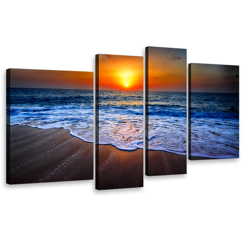 Ocean Sunset Canvas Wall Art, Beautiful Blue Ocean Beach 4 Piece Canvas Print, Orange Seascape Sunset View Canvas Set