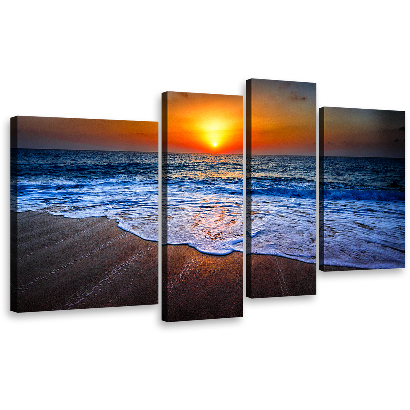 Ocean Sunset Canvas Wall Art, Beautiful Blue Ocean Beach 4 Piece Canvas Print, Orange Seascape Sunset View Canvas Set