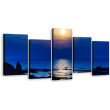 Load image into Gallery viewer, Ocean Sunset Canvas Wall Art, Blue Ocean Beach 5 Piece Canvas Set, Beautiful Yellow Sun Reflection Ocean Canvas Print
