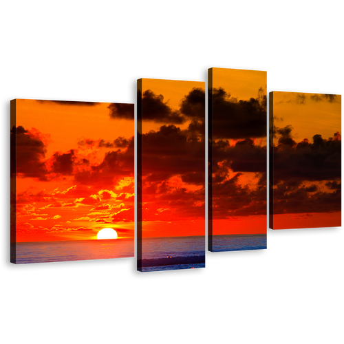 Ocean Sunset Canvas Wall Art, Blue Ocean Waves Canvas Print, Dramatic Cloudy Red Sky Ocean 4 Piece Canvas Set