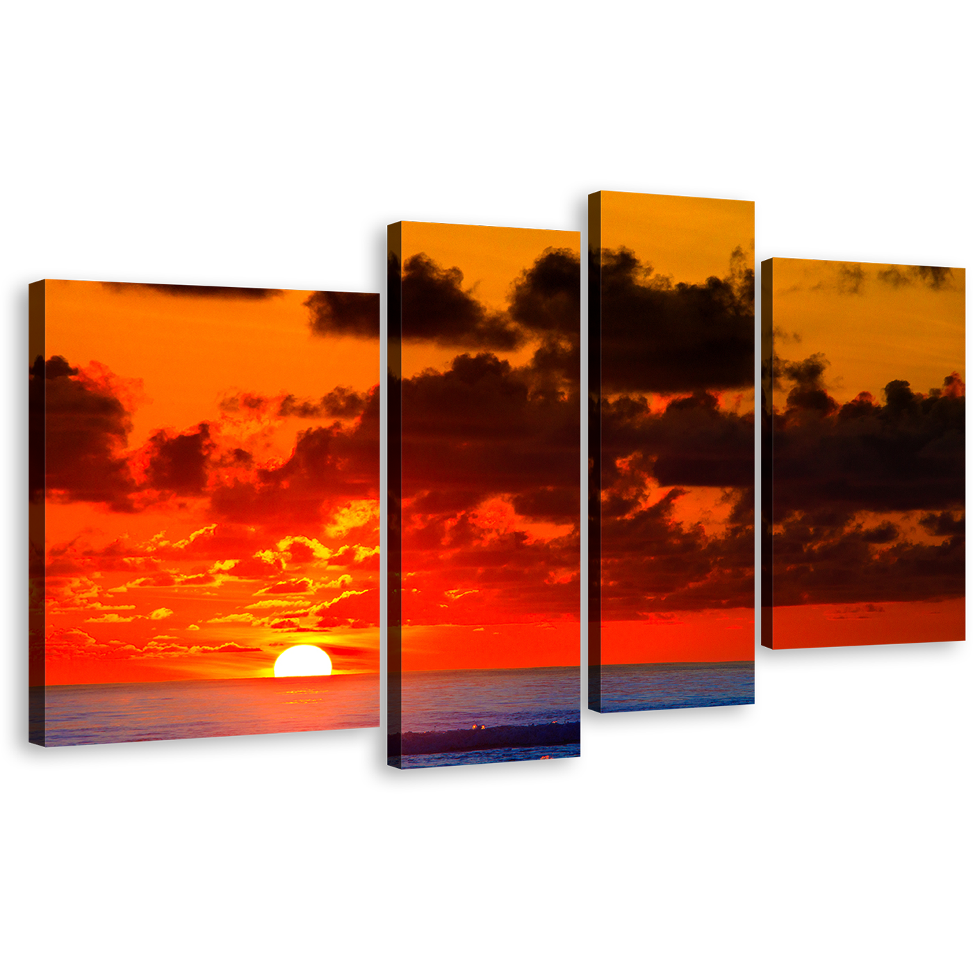 Ocean Sunset Canvas Wall Art, Blue Ocean Waves Canvas Print, Dramatic Cloudy Red Sky Ocean 4 Piece Canvas Set