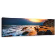 Load image into Gallery viewer, Ocean Sunset Canvas Wall Art, Brown Ocean Rock Boulders 1 Piece Canvas Print, Yellow Cloudy Sky Seascape Canvas Artwork
