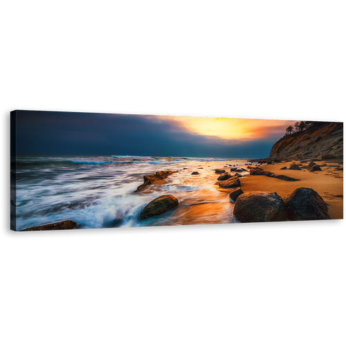 Ocean Sunset Canvas Wall Art, Brown Ocean Rock Boulders 1 Piece Canvas Print, Yellow Cloudy Sky Seascape Canvas Artwork