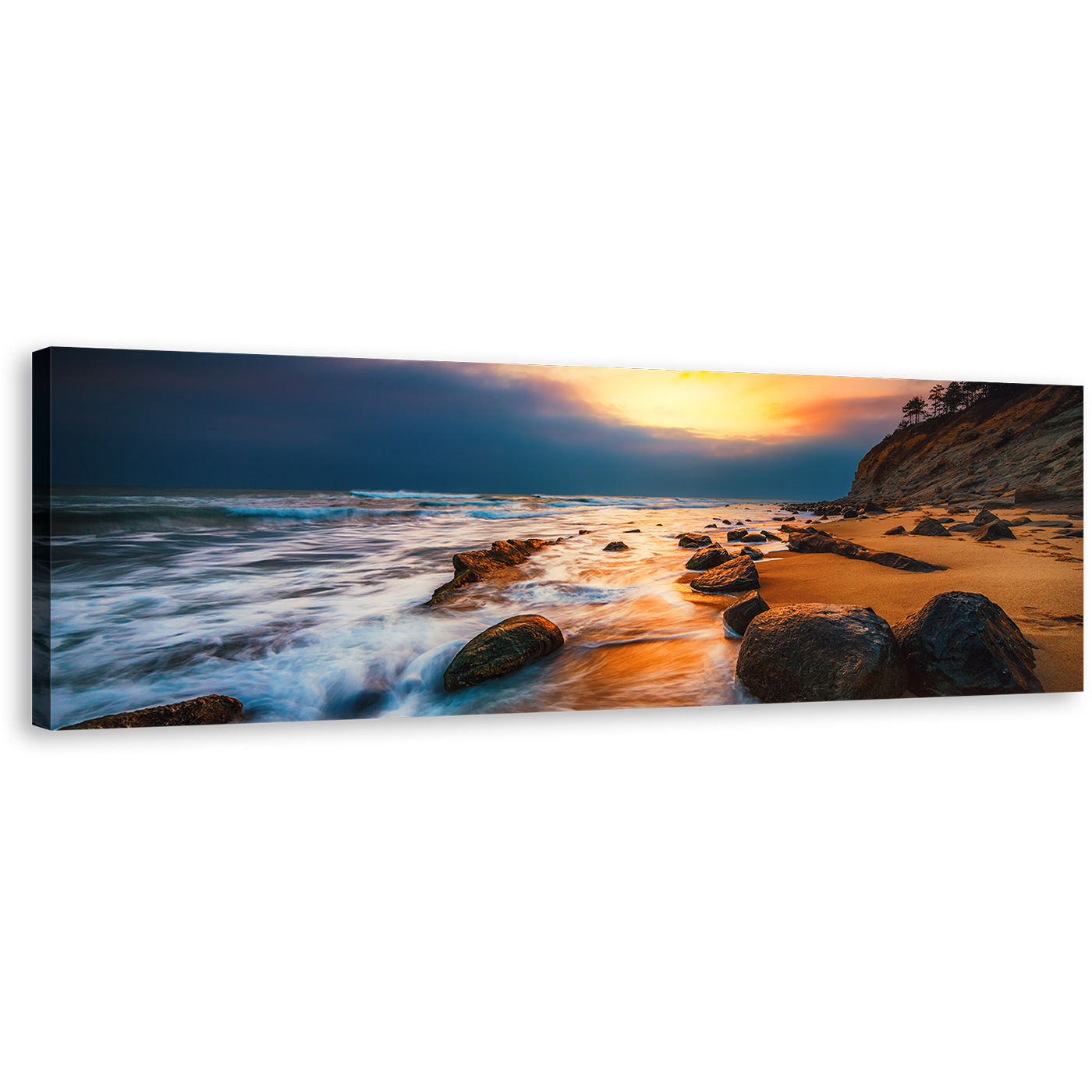 Ocean Sunset Canvas Wall Art, Brown Ocean Rock Boulders 1 Piece Canvas Print, Yellow Cloudy Sky Seascape Canvas Artwork