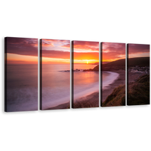 Load image into Gallery viewer, Ocean Sunset Canvas Wall Art, Challaborough Bay Yellow Sunset Ocean 5 Piece Canvas, Brown Ocean Beach Canvas Print
