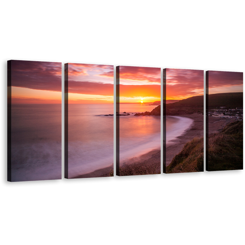 Ocean Sunset Canvas Wall Art, Challaborough Bay Yellow Sunset Ocean 5 Piece Canvas, Brown Ocean Beach Canvas Print