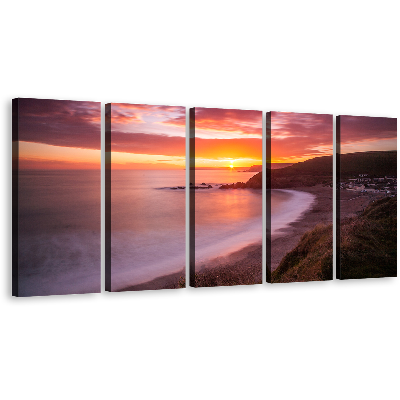 Ocean Sunset Canvas Wall Art, Challaborough Bay Yellow Sunset Ocean 5 Piece Canvas, Brown Ocean Beach Canvas Print