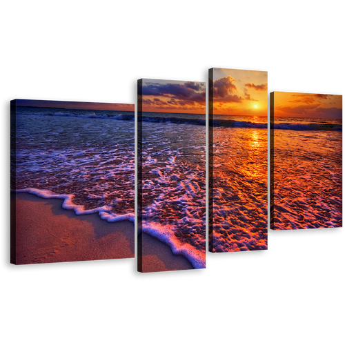 Ocean Sunset Canvas Wall Art, Cloudy Orange Ocean Sky 4 Piece Canvas Print, Blue Ocean Waves Multiple Canvas