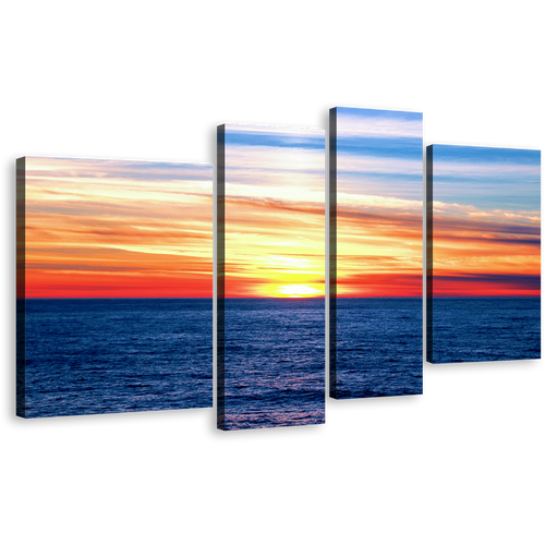 Ocean Sunset Canvas Wall Art, Dramatic Blue Sea Waves Multi Canvas Artwork, Orange Clouds Ocean Seascape 4 Piece Canvas Print