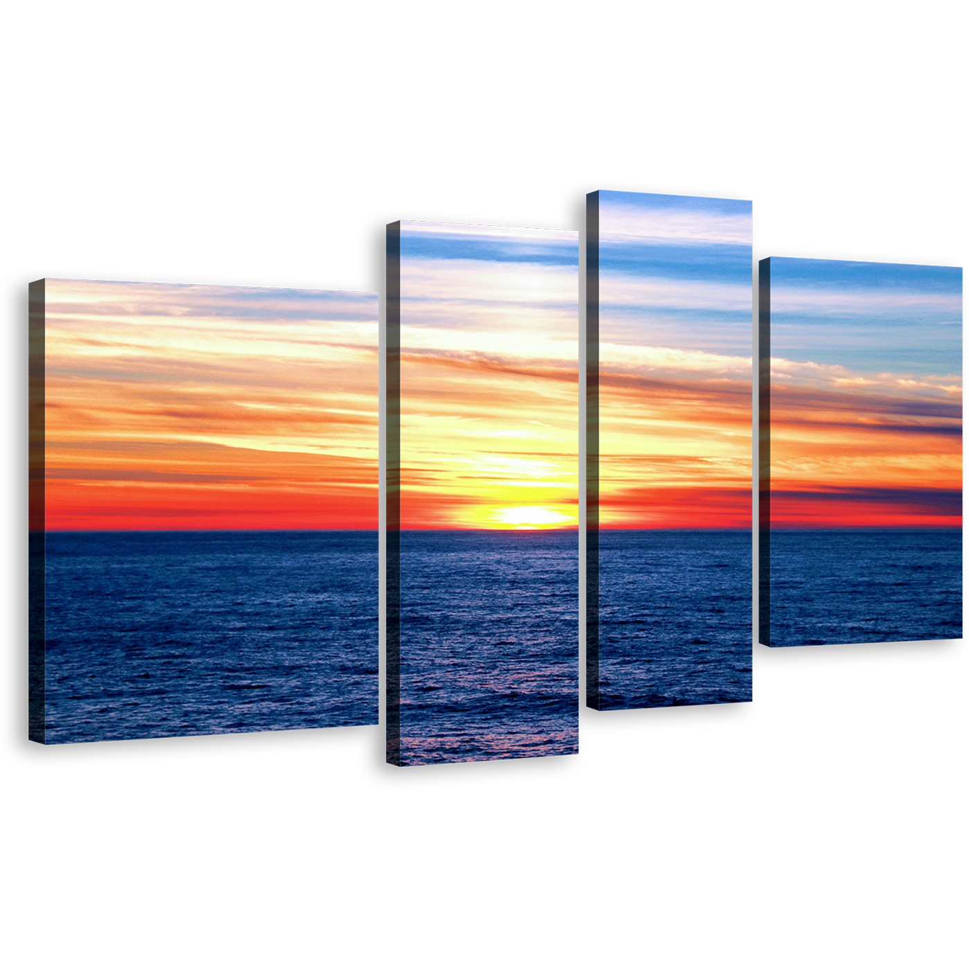 Ocean Sunset Canvas Wall Art, Dramatic Blue Sea Waves Multi Canvas Artwork, Orange Clouds Ocean Seascape 4 Piece Canvas Print