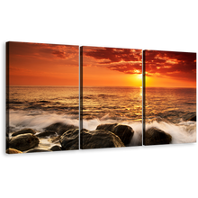 Load image into Gallery viewer, Ocean Sunset Canvas Wall Art, Ocean Rock Boulders 3 Piece Canvas Print, Yellow Sunset at Sea Canvas Set, Orange Seascape Waves Triptych Multi Canvas
