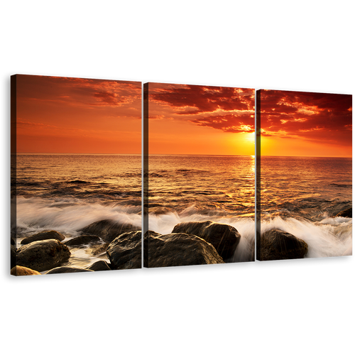 Ocean Sunset Canvas Wall Art, Ocean Rock Boulders 3 Piece Canvas Print, Yellow Sunset at Sea Canvas Set, Orange Seascape Waves Triptych Multi Canvas