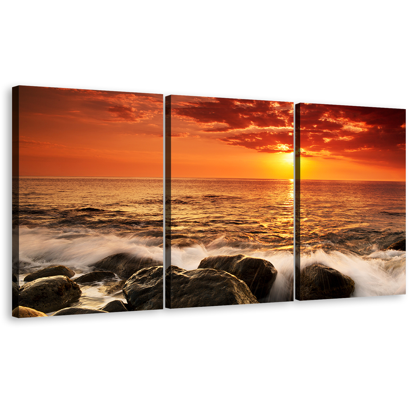 Ocean Sunset Canvas Wall Art, Ocean Rock Boulders 3 Piece Canvas Print, Yellow Sunset at Sea Canvas Set, Orange Seascape Waves Triptych Multi Canvas