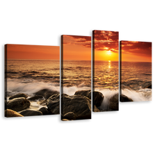 Load image into Gallery viewer, Ocean Sunset Canvas Wall Art, Ocean Rock Boulders Canvas Print, Yellow Sunset at Sea Canvas Set, Orange Seascape Waves 4 Piece Multiple Canvas
