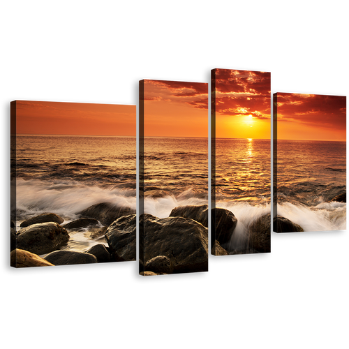 Ocean Sunset Canvas Wall Art, Ocean Rock Boulders Canvas Print, Yellow Sunset at Sea Canvas Set, Orange Seascape Waves 4 Piece Multiple Canvas