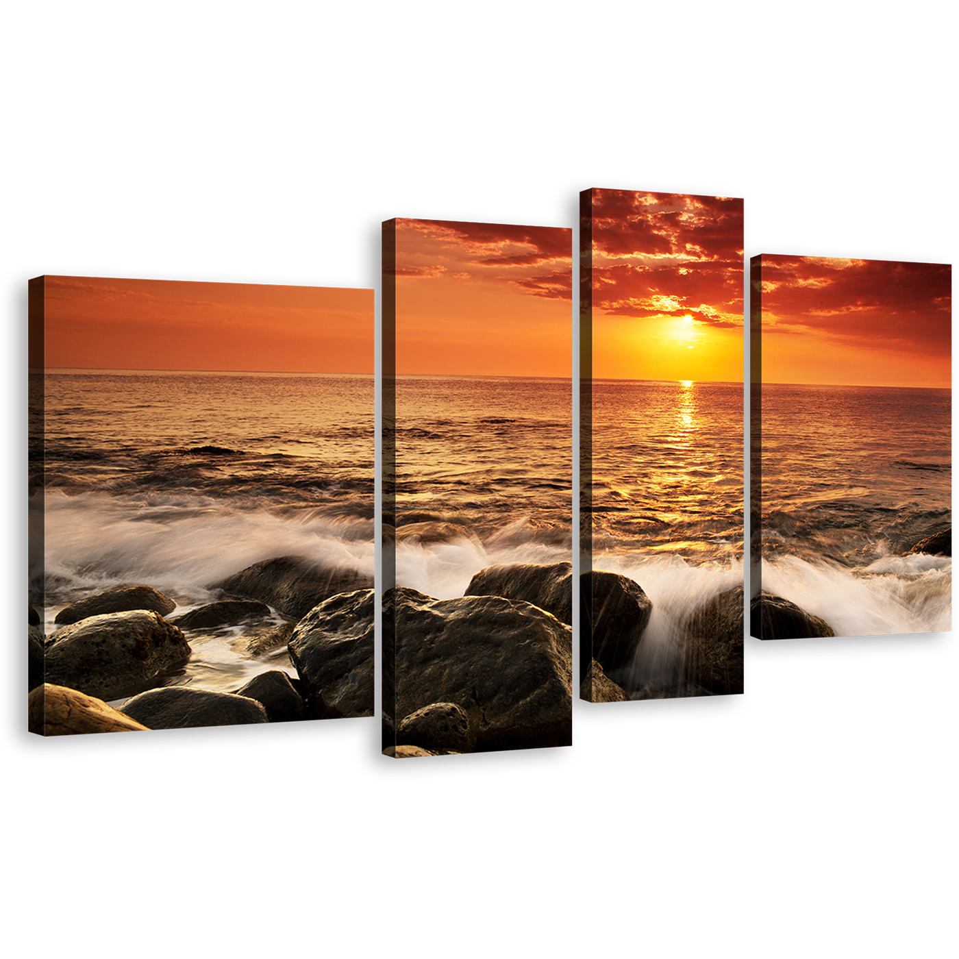 Ocean Sunset Canvas Wall Art, Ocean Rock Boulders Canvas Print, Yellow Sunset at Sea Canvas Set, Orange Seascape Waves 4 Piece Multiple Canvas