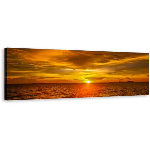 Ocean Sunset Canvas Wall Art, Orange Clouds Ocean Seascape Panoramic Canvas Print, Gold Dramatic Sea Waves Canvas Artwork