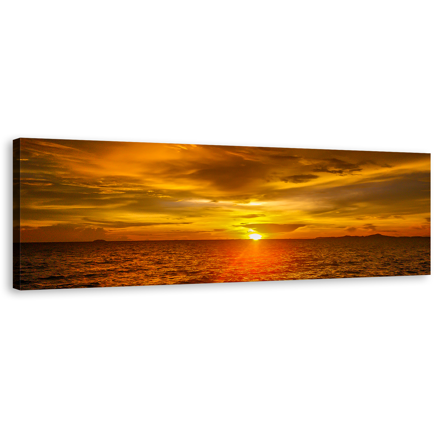 Ocean Sunset Canvas Wall Art, Orange Clouds Ocean Seascape Panoramic Canvas Print, Gold Dramatic Sea Waves Canvas Artwork