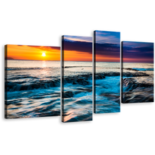 Load image into Gallery viewer, Ocean Sunset Canvas Wall Art, Orange Cloudy Ocean Seascape 4 Piece Canvas Print, Dramatic Sea Waves Multiple Canvas
