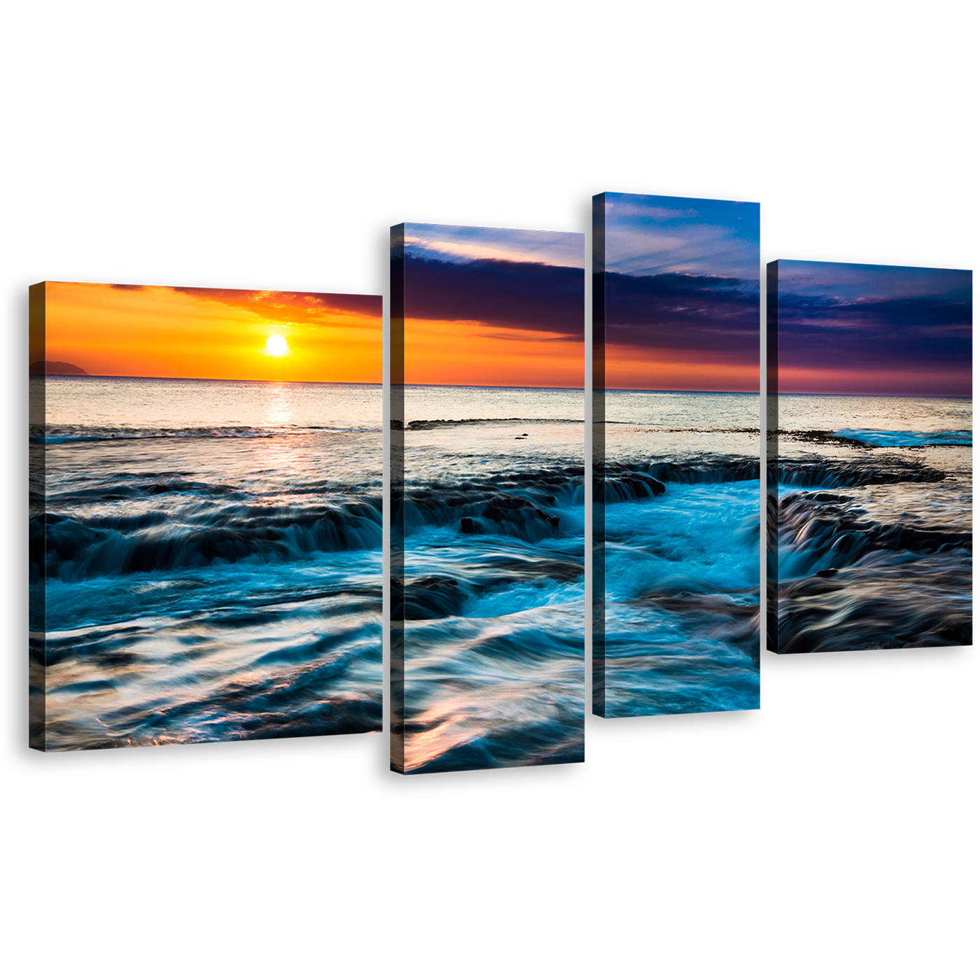 Ocean Sunset Canvas Wall Art, Orange Cloudy Ocean Seascape 4 Piece Canvas Print, Dramatic Sea Waves Multiple Canvas