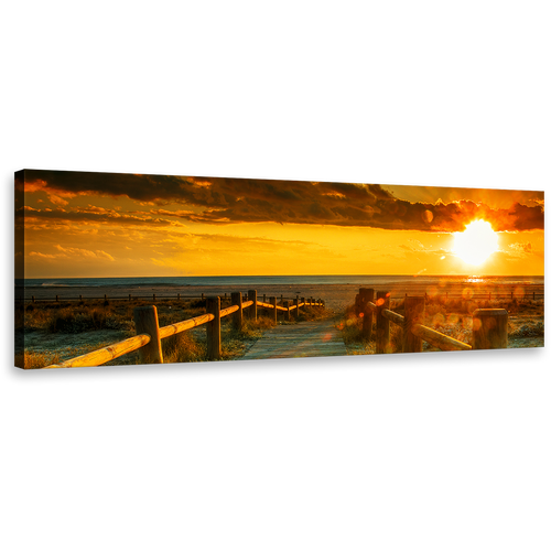 Ocean Sunset Canvas Wall Art, Orange Ocean Beach Dawn 1 Piece Canvas, Yellow Sky Gray Clouds Canvas Print