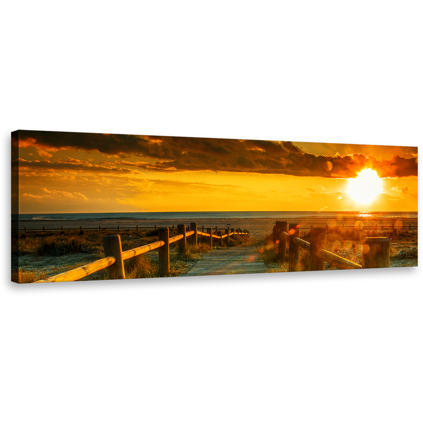 Ocean Sunset Canvas Wall Art, Orange Ocean Beach Dawn 1 Piece Canvas, Yellow Sky Gray Clouds Canvas Print