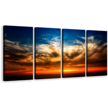 Load image into Gallery viewer, Ocean Sunset Canvas Wall Art, Orange Ocean Sky 4 Piece Multi Panel Canvas, Dramatic Cloudy Blue Sky Seascape Canvas Print
