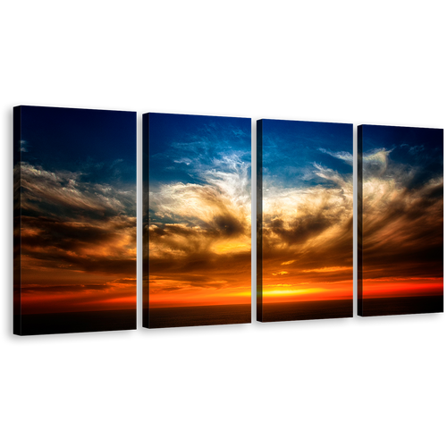 Ocean Sunset Canvas Wall Art, Orange Ocean Sky 4 Piece Multi Panel Canvas, Dramatic Cloudy Blue Sky Seascape Canvas Print