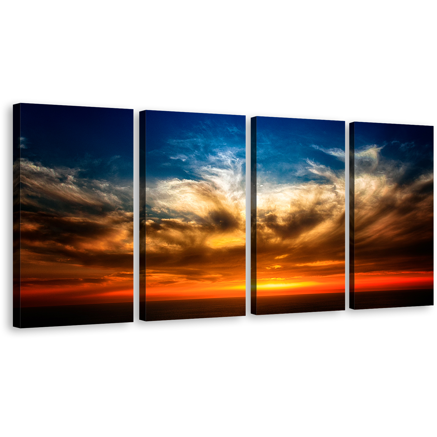 Ocean Sunset Canvas Wall Art, Orange Ocean Sky 4 Piece Multi Panel Canvas, Dramatic Cloudy Blue Sky Seascape Canvas Print