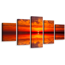 Load image into Gallery viewer, Ocean Sunset Canvas Wall Art, Orange Red Cloudy Ocean Seascape 5 Piece Canvas Print, Dramatic Sea Waves Multiple Canvas
