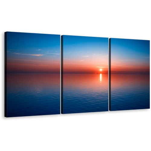 Ocean Sunset Canvas Wall Art, Red Ocean Sky 3 Piece Canvas, Blue Seascape Reflection Ocean Water Canvas Print