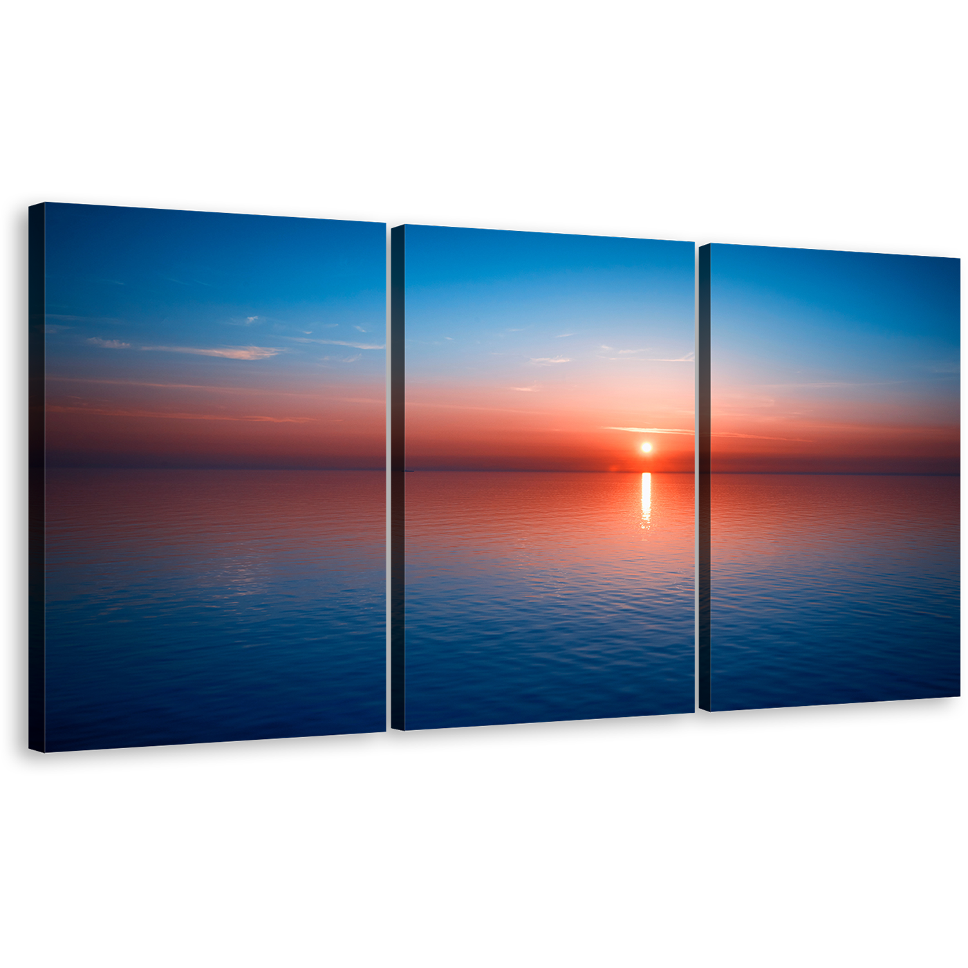 Ocean Sunset Canvas Wall Art, Red Ocean Sky 3 Piece Canvas, Blue Seascape Reflection Ocean Water Canvas Print