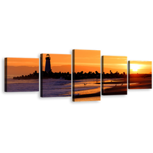 Load image into Gallery viewer, Ocean Sunset Canvas Wall Art, Santa Cruz Canvas Print, Orange Sky Black Lighthouse Multi Canvas, Light Beacon California Beach 5 Piece Canvas
