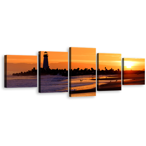 Ocean Sunset Canvas Wall Art, Santa Cruz Canvas Print, Orange Sky Black Lighthouse Multi Canvas, Light Beacon California Beach 5 Piece Canvas