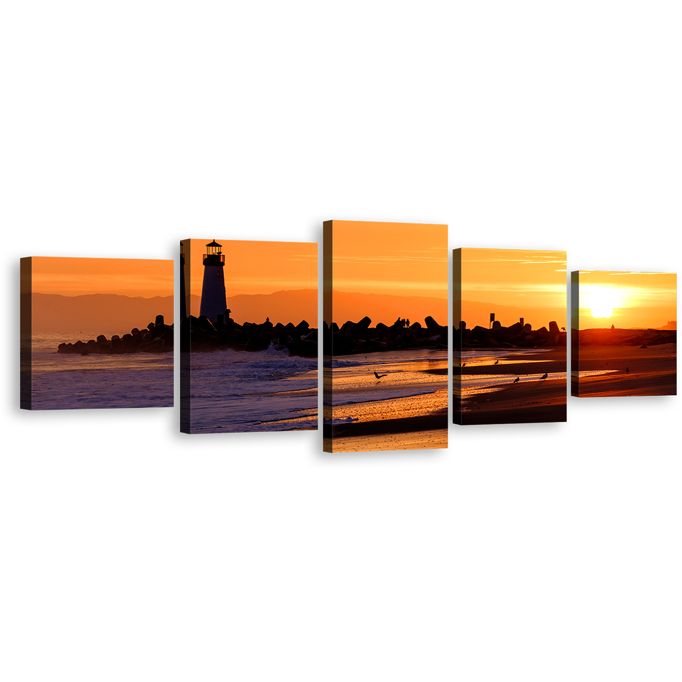 Ocean Sunset Canvas Wall Art, Santa Cruz Canvas Print, Orange Sky Black Lighthouse Multi Canvas, Light Beacon California Beach 5 Piece Canvas