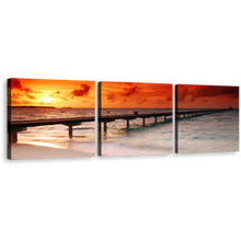 Load image into Gallery viewer, Ocean Sunset Canvas Wall Art, Twilight At The Ocean Pier Canvas Set, Red Yellow Ocean Sky Sunset Canvas 3 Piece Canvas Print
