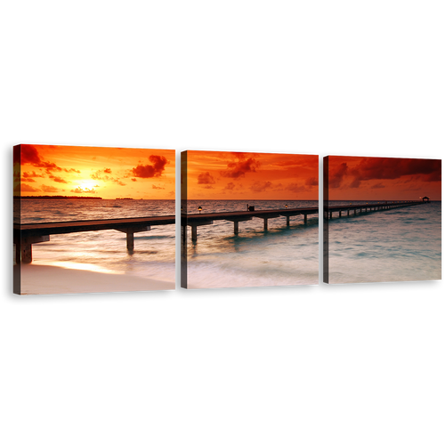 Ocean Sunset Canvas Wall Art, Twilight At The Ocean Pier Canvas Set, Red Yellow Ocean Sky Sunset Canvas 3 Piece Canvas Print